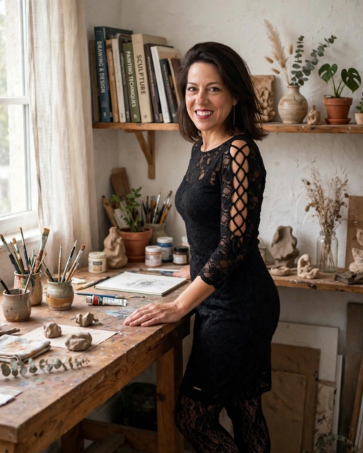 Artista Caren Negrelli em seu ateliê