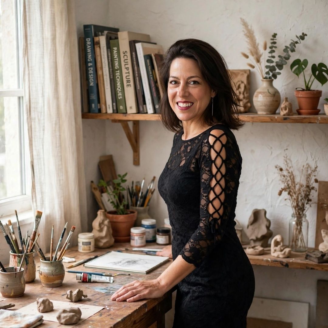 Artista Caren Negrelli em seu ateliê